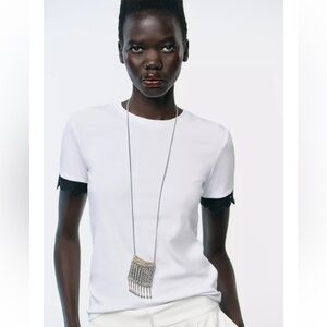 Zara White Tee with Black Lace Sleeves